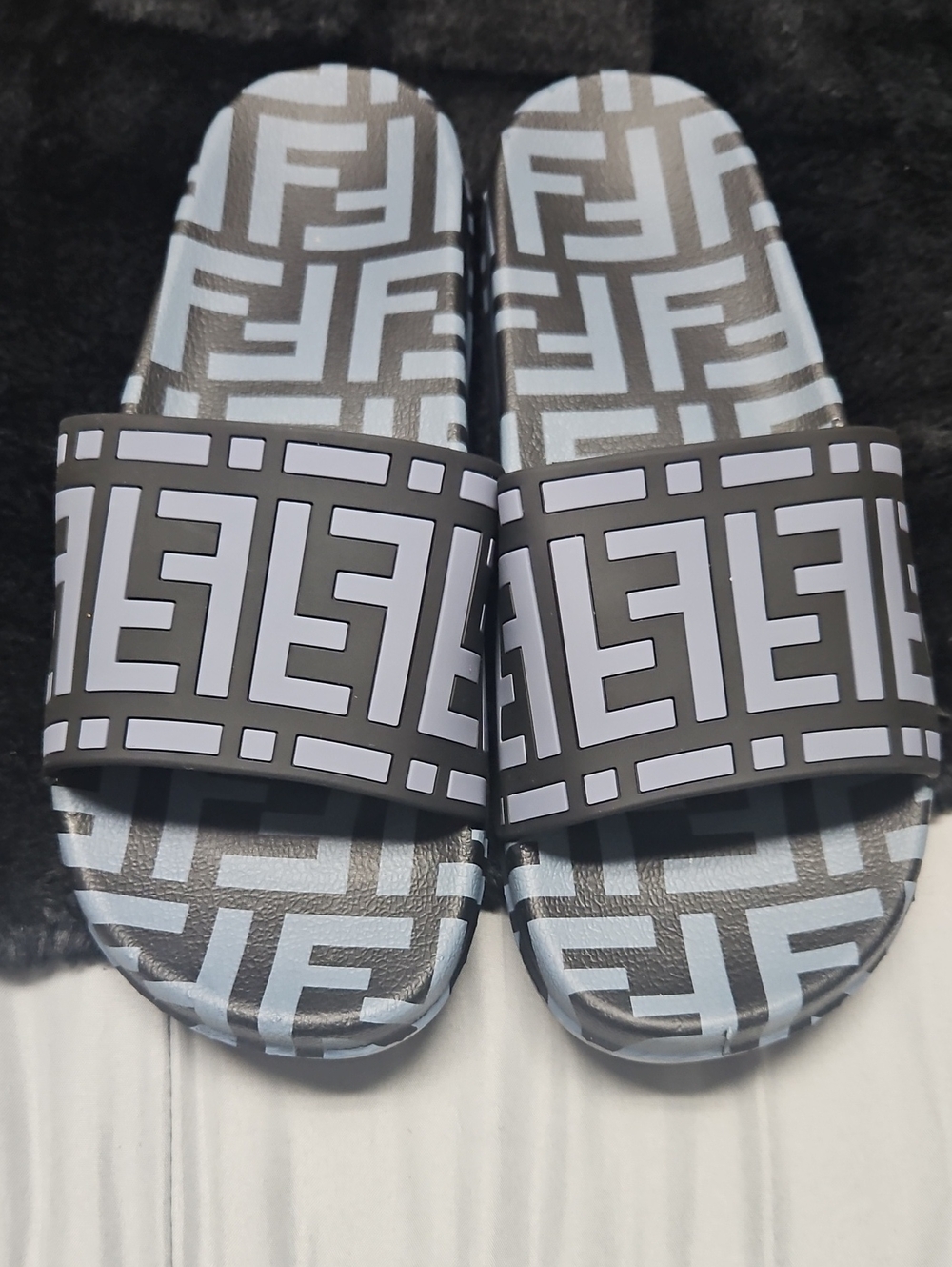 Monogram Slide Sandals in Light Blue & Gray